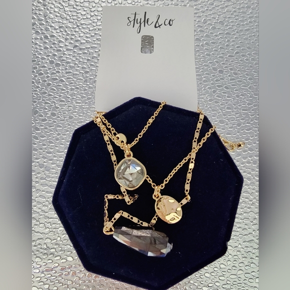 Style & Co Gold-Tone Hammered Disc, Color Stone & Briolette Bead Layered Pendant - Picture 3 of 3